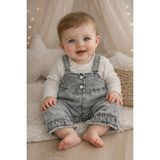Aki Moda Kids Aki Moda Kıds Kız Bebek Fırfır Detaylı Kot Salopet ve Uzun Kollu Body Takım - 02-Gri - 3 - 6 Ay