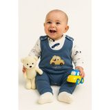 Aki Moda Kids Erkek Bebek Arabalı 2 Li Salopet Takım Çıtçıtlı Yenidoğan Kıyafeti Çorap Hediyeli - 01-Mavi - 6 Ay