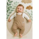 Aki Moda Kids Erkek Bebek Penye Waffle Kumaş Salopet Pantolon Sweatshırt 2 Parça Erkek Bebek Takım - Bej - 3 - 6 Ay