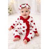 Aki Moda Kids Kırmızı Kalp Desenli Uzun Kollu Kız Bebek Tulum Bandanalı - 240-Kırmızı - 3 - 6 Ay