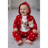 Aki Moda Kids Kız Bebek Kapüşünlu Kalpli Desenli Ayıcık Figürlü Bebek Eşofman Takımı (3’lü Set) - 18 - 24 Ay - 023-Kırmızı