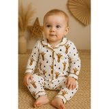 Aki Moda Kids Kız Erkek Bebek Zürafa Baskılı, Düğmeli Üst & Alt Takım Pijama Takımı – Organik Pamuk - 00-Beyaz - 6 - 9 Ay