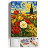 Akihabara Sayılarla Boyama Hobi Seti Çerçeveli Numaralı Tuval Fırça Boya Dahil 40x50 Cm - YILDIZLI GECE ÇİÇEKLER
