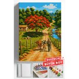 Akihabara Sayılarla Boyama Hobi Seti Çerçeveli Numaralı Tuval Fırça Boya Dahil 50x70 (BÜYÜK BOY) Cm - ÇİFTÇİ İNEKLER
