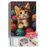 Akihabara Sayılarla Boyama Hobi Seti Çerçeveli Numaralı Tuval Fırça Boya Dahil 50x70 (BÜYÜK BOY) Cm - İPLİK YUMAĞI KEDİ