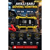 Akıllı Akü Şarj Cihazı 12V 12A / 24V 6A, 4Ah-200Ah LCD Ekranlı Akü Bakım Cihazı, Kış Yaz Modu, Pulse Repair, Otomobil Motosiklet Kamyon Traktör Tekne Uyumlu SWT-1206