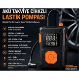 Akıllı Dijital Taşınabilir Lastik Hava Pompası 5000 Mah LCD Ekranlı Type-C Şarjlı Kablosuz Araç Motosiklet Bisiklet Top Şişirme Cihazı Yüksek Basınç Kompresör - Siyah