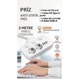 Akıllı Durak Akım Korumalı 2500W Güçlü 3 USB + Type-C Portlu Çoklu Priz | Hızlı Şarj, Çocuk Kilidi, 2 metre