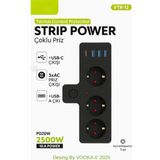 Akıllı Priz Termal Korumalı 3 Prizli Çoklu Akım Prizi | 3 Usb-A + 1 Usb-C 2500W 10A Pd 20W - Siyah