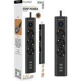 Akım Korumalı 3'lü Priz, Çoklu Priz, Çocuk Korumalı ve Isıya Dayanıklı Yapı, 3x Priz Girişi, 3x USB Girişi, 1x Type-C Girişi, 2 Metre Uzatma Kablosu