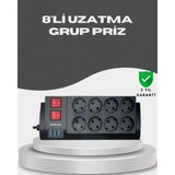 Akım Korumalı 8’li Priz 3 Usb’li Uzatma Kablosu Isıya Dayanıklı 2 Metre - 20W GaN Black