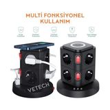 Akım Korumalı Priz Kule Tipi Kablosuz Şarj Istasyonu, 8 Priz, 2 Type-C, 1 USB Girişli, 2mt Kablo - 1 Adet - Ahşap
