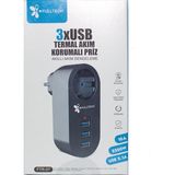Akım Korumalı Tekli Priz - Akıllı Akım Dengeleme - 3xusb - Isıya Karşı Dayanıklı (4887)