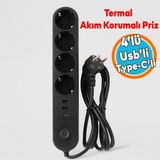 Akım Korumalı Topraklı Golyat Grup Şarj Fiş Priz 4 Prizli 3 USB Girişli 2 Metre Uzatma Kablosu - Siyah - 1