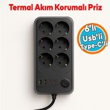 Akım Korumalı Topraklı Golyat Grup Şarj Fiş Priz 6 Prizli 4 USB Girişli 2 Metre Uzatma Kablosu - Siyah - 1