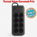Akım Korumalı Topraklı Golyat Grup Şarj Fiş Priz 8 Prizli 4 USB Girişli 2 Metre Uzatma Kablosu - Siyah - 1