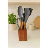Akkoyunlu Home Akasya Bambu Stantlı 5'Li Silikon Spatula,Çırpıcı,Kaşık Ve Fırça Seti Gri