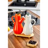 Akkoyunlu home Bambu Altlıklı Kabak Şekilli 2'li Seramik Yağdanlık Beyaz-Turuncu Dekoratif Sıvı Yağ & Sirkelik