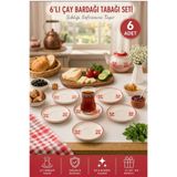 Akkoyunlu home Kiraz Desenli 6'lı Çay Bardağı Tabağı Seti - Kırmızı Şeritli Seramik Şık Çay Tabağı Takımı 12 cm
