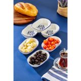 Akkoyunlu home Mavi Çiçek Desenli Seramik Oval Çerezlik 6’lı Set Kahvaltılık Sosluk Sunum Kasesi 13x9 cm