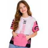 Akkuzu Kız Çocuk Yazı Desenli Kanguru Cepli Kısa(Crop) Kısa Kollu Tişört - Lila - 13 - 14 Yaş