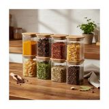aklow akyoleticaret 6'lı Set 350 ml Bambu Kapaklı Kare Cam Kavanoz - 6X10 cm Vakumlu Orta Boy Şeffaf Erzak Kabı Kahve Çay Baharatlık ve Mutfak Düzenleyici Organizer Saklama Kutusu - Çok Renkli