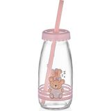 aklow akyoleticaret Pembe Ayıcık Baskılı Cam Süt Şişesi Pipetli ve Kapaklı Alıştırma Bardağı Bpa Içermez - Çok Renkli