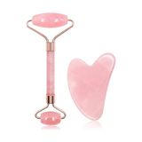 aklow akyoleticaret Pembe Kuvars Face Roller ve Kalp Gua Sha Doğal Taş Yüz Masaj Seti - Çok Renkli