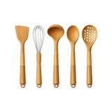 aklow akyoleticaret Silikon Mutfak Pişirme Gereçleri Seti, 5 Parça Yapışmaz Mutfak Gereçleri Seti Ahşap Saplı Spatula Seti Isıya Dayanıklı Silikon Tencere Mutfak Gereçleri (Açık Kahverengi)
