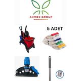 Akmex Grup Çift Kovalı Plastik Temizlik Arabası Paspas Arabası Islak Mop Seti 5 Parça Islak Mop