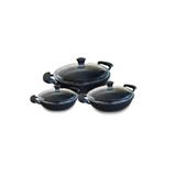AKPA HOME Akpa Döküm Alya 3lü Sahan Set, 18-20-22 cm, Granit Kaplama, Pyrex Cam Kapak, Siyah