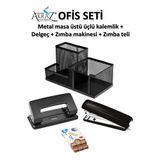 Akraz Art Design Kırtasiye Ofis seti metal masa üstü üçlü kalemlik + zımba makinesi + delgeç + zımba teli