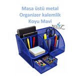 Akraz Art Design MASA ÜSTÜ METAL KALEMLİK KOYU MAVİ YEDİ GÖZLÜ (ORGANİZER MASA SETİ DÜZENLEYİCİ)