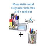 Akraz Art Design MASA ÜSTÜ METAL KALEMLİK SETİ 3'LÜ GRİ + TEKLİ KALEMLİK (SET)