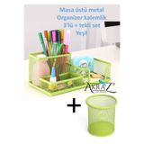 Akraz Art Design MASA ÜSTÜ METAL KALEMLİK SETİ 3'LÜ YEŞİL + TEKLİ KALEMLİK (SET)