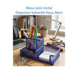 Akraz Art Design MASA ÜSTÜ METAL KALEMLİK ÜÇ GÖZLÜ KOYU MAVİ / LACİVERT (MASA SETİ)