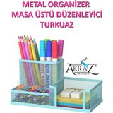 Akraz Art Design Masa Üstü Metal Kalemlik Üç Gözlü Turkuaz (Masa Seti)
