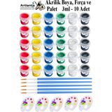 Akrilik Boya 3 ml 6 Renk Resim Fırçası ve Paleti 5 Paket Mini Küçük Akrilik Boya Taş Ahşap Seramik Tuval Alçı Tuval - Standart - Çok Renkli