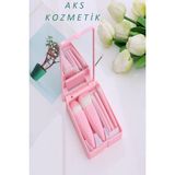 Aks Kozmetik Pembe Taşınabilir Aynalı 5'li Makyaj Fırça Seti Göz Farı, Fondöten, Allık Karıştırma,