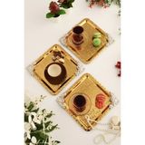 Aksesuar Evreni Abra Gold Paslanmaz Desenli Kare Köşesi Gümüş Çiçek Detaylı 3'lü Kahve Çay Sunumluk Servis Tepsi - Altın - Gümüş