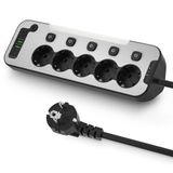 Aksesuarcı Bağımsız Anahtarlı 5'li Işıklı Akım Korumalı Çoklu Priz 4000W, 2x USB - 2x Type-C Giriş, Metal Ön Panel Uzatma Kablosu Köşe Beşli Priz, Topraklı, 2 Metre Kablo