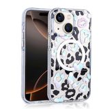 Aksesuarcim Apple ile Uyumlu iPhone 15 Kılıf Leopar Desenli M-Safe Şarj Özellikli Kamera Lens Korumalı Sert Silikon Kapak Jago Beyaz