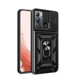 Aksesuarcim İnfinix Hot 12i ile Uyumlu Kılıfı Silikon Stand Yüzüklü Araç Tutucu Mıknatıslı Darbe ve Kamera Korumalı Tank Sürgülü Kapak Siyah