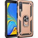 Aksesuarcim Samsung Galaxy A7 2018 ile Uyumlu Kılıf Silikon Yüzük Standlı Araç Tutucu için Mıknatıslı Darbe Karşı Dayanıklı Koruma Tank İnce Kap Vega Altın