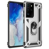 Aksesuarcim Samsung Galaxy S21 Ultra ile Uyumlu Kılıf Silikon Yüzük Standlı Araç Tutucu için Mıknatıslı Darbe Karşı Dayanıklı Koruma Tank İnce Kap Vega Gri