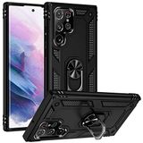 Aksesuarcim Samsung Galaxy S22 Ultra ile Uyumlu Kılıf Silikon Yüzük Standlı Araç Tutucu için Mıknatıslı Darbe Karşı Dayanıklı Koruma Tank İnce Kap Vega Siyah