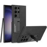 Aksesuarcim Samsung Galaxy S24 Ultra ile Uyumlu Kılıfı Kamera Lens Korumalı Stand Olabilen İnce Sert Silikon Kapak Kıpta Siyah+Karbon