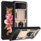 Aksesuarcim Samsung Galaxy Z Flip 3 ile Uyumlu Kılıf Silikon Yüzük Standlı Araç Tutucu için Mıknatıslı Darbe Karşı Dayanıklı Koruma Tank İnce Kap Vega Altın