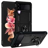 Aksesuarcim Samsung Galaxy Z Flip 3 ile Uyumlu Kılıf Silikon Yüzük Standlı Araç Tutucu için Mıknatıslı Darbe Karşı Dayanıklı Koruma Tank İnce Kap Vega Siyah