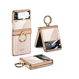 Aksesuarcim Samsung Galaxy Z Flip 4 ile Uyumlu Kılıfı kamera Lens Korumalı Yüzük Standlı İnce Sert Silikon Kapak Kıpta Gold